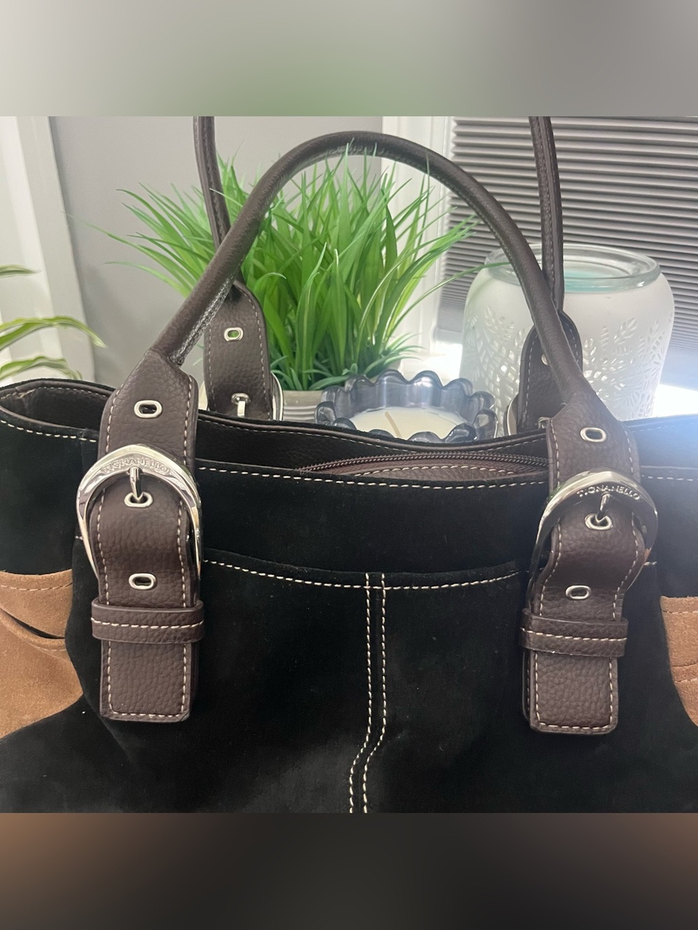 Tignanello Black Suede & Brown Trim Tote Bag Silver Buckle Accents - Picture 2 of 13